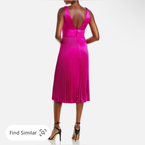Amsale Deep Plunge Front & Back Midi Dress Pleated Skirt Bright Pink 16 NWT - Picture 4 of 12